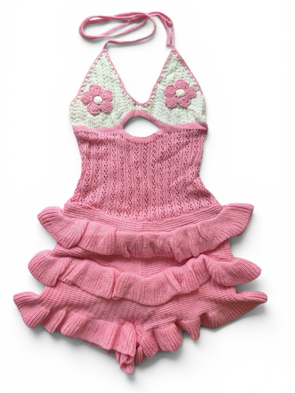 Pink Crochet Halter Romper with Flower Appliqués